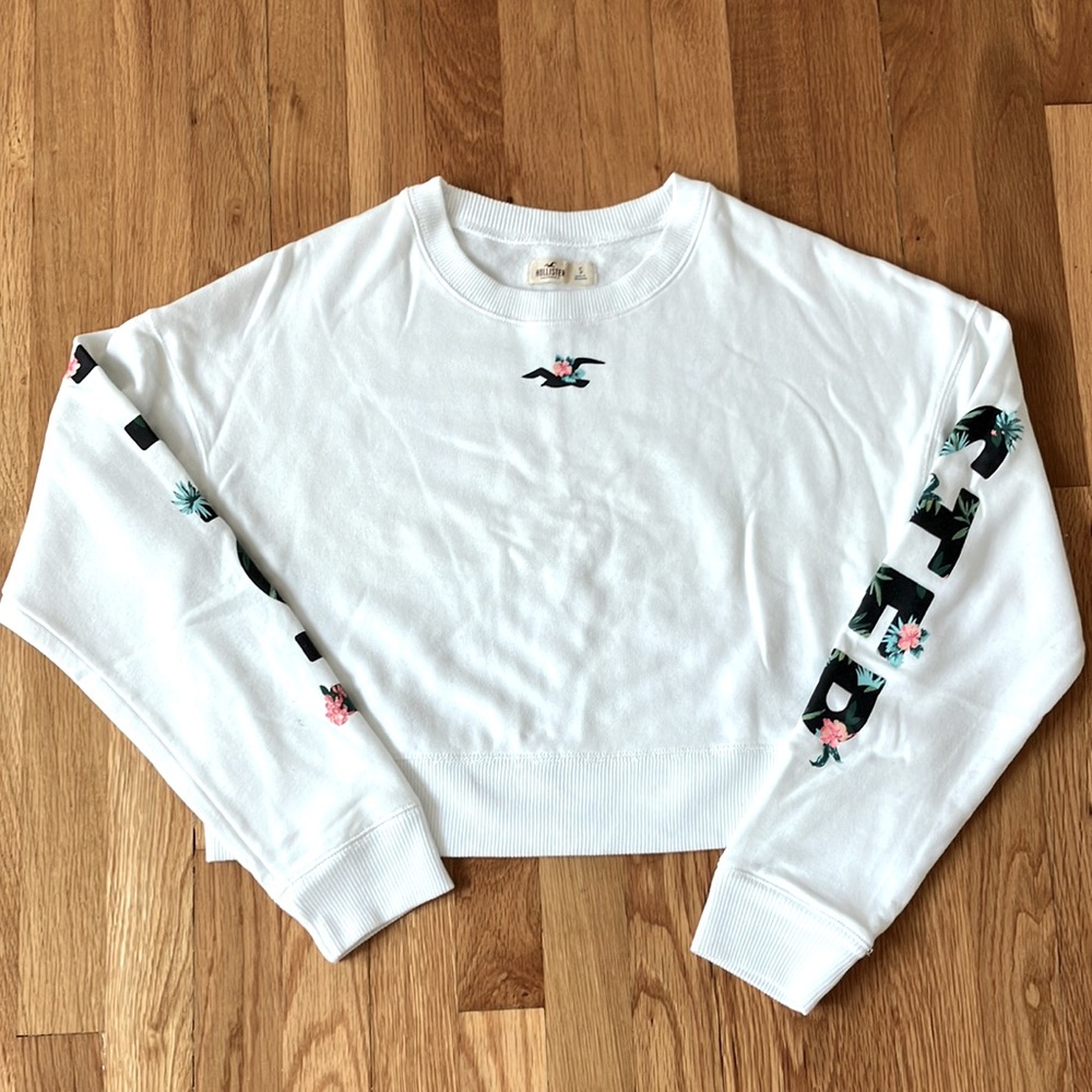 Hollister white sweatshirt with hibiscus tropical flowers Sz S